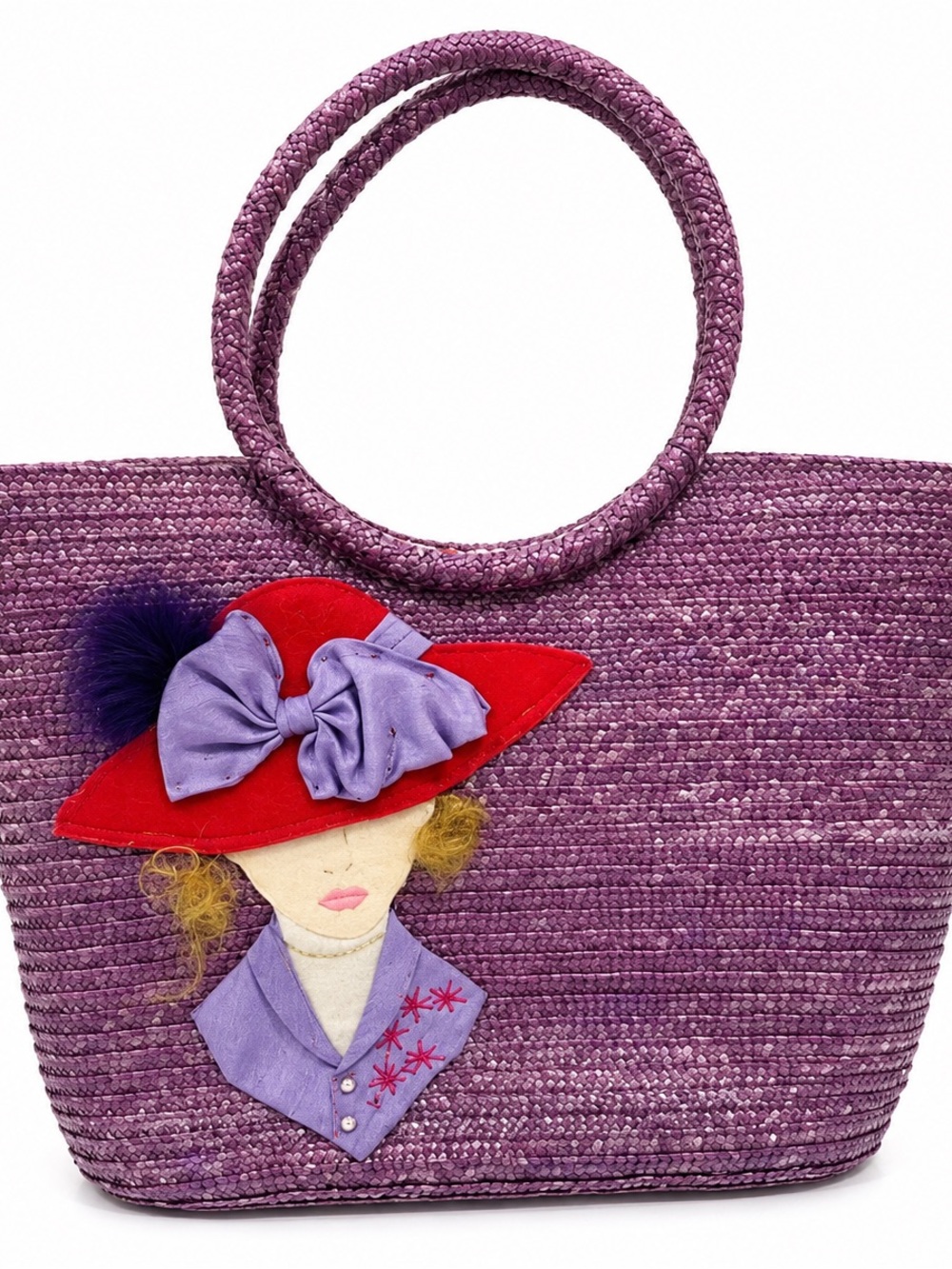 Vintage Cappelli Straworld Purple Straw lTote Bag | Whimsical Lady Appliqué